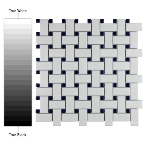 Merola Tile Metro Basketweave Matte White With Cobalt Dot 11-3/4 In. X 11-3/4 In. Porcelain Mosaic Tile (19.58 Sq. Ft./Case) -Flooring Shop