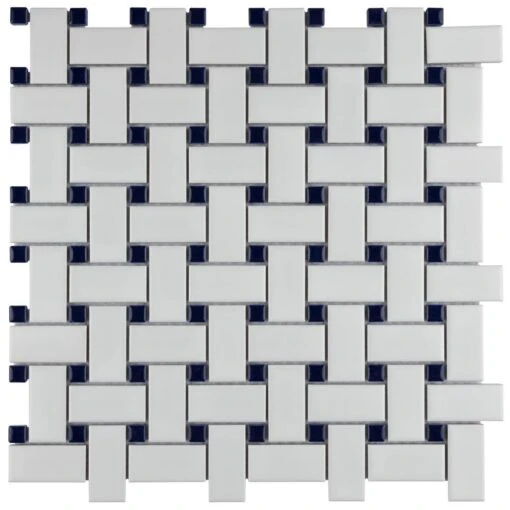 Merola Tile Metro Basketweave Matte White With Cobalt Dot 11-3/4 In. X 11-3/4 In. Porcelain Mosaic Tile (19.58 Sq. Ft./Case) -Flooring Shop