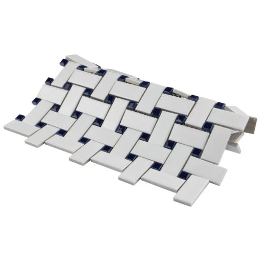 Merola Tile Metro Basketweave Matte White With Cobalt Dot 11-3/4 In. X 11-3/4 In. Porcelain Mosaic Tile (19.58 Sq. Ft./Case) -Flooring Shop