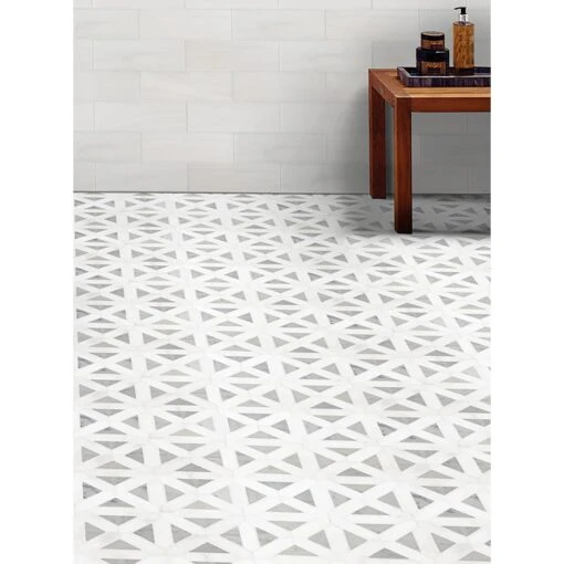 MSI Geometrica 12 In. X 12 In. X 10mm Bianco Dolomite Polished Marble Mesh-Mounted Mosaic Tile (10 Sq. Ft. / Case) -Flooring Shop