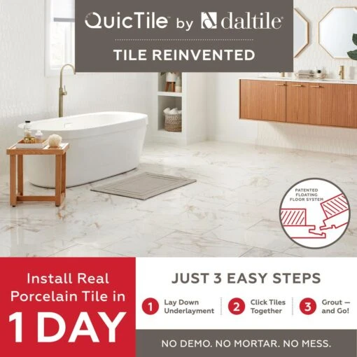 Daltile QuicTile 12 In. X 24 In. Calacatta Marble Polished Porcelain Locking Floor Tile (9.6 Sq. Ft. / Case) -Flooring Shop